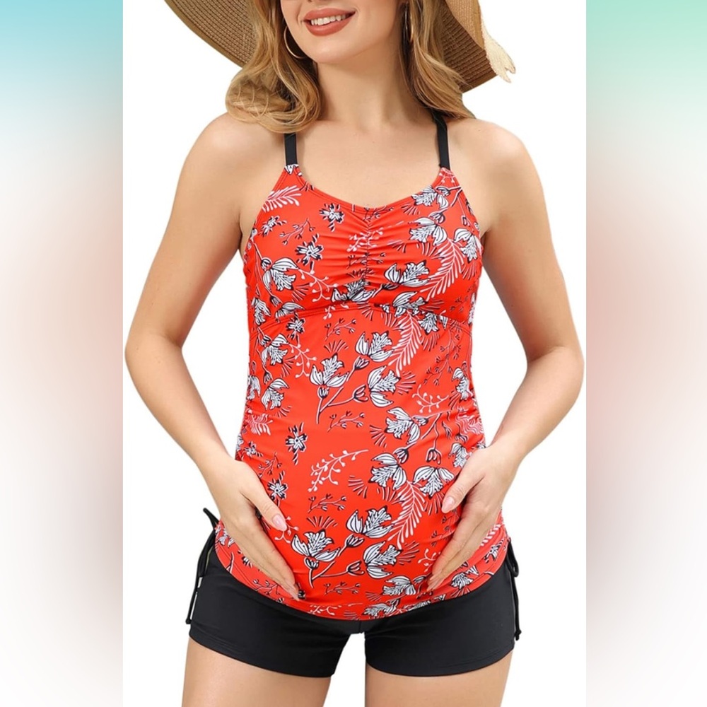 NWT Maternity Tankini Swimsuits Red Floral Print Ruched Tops with Shorts (L)
